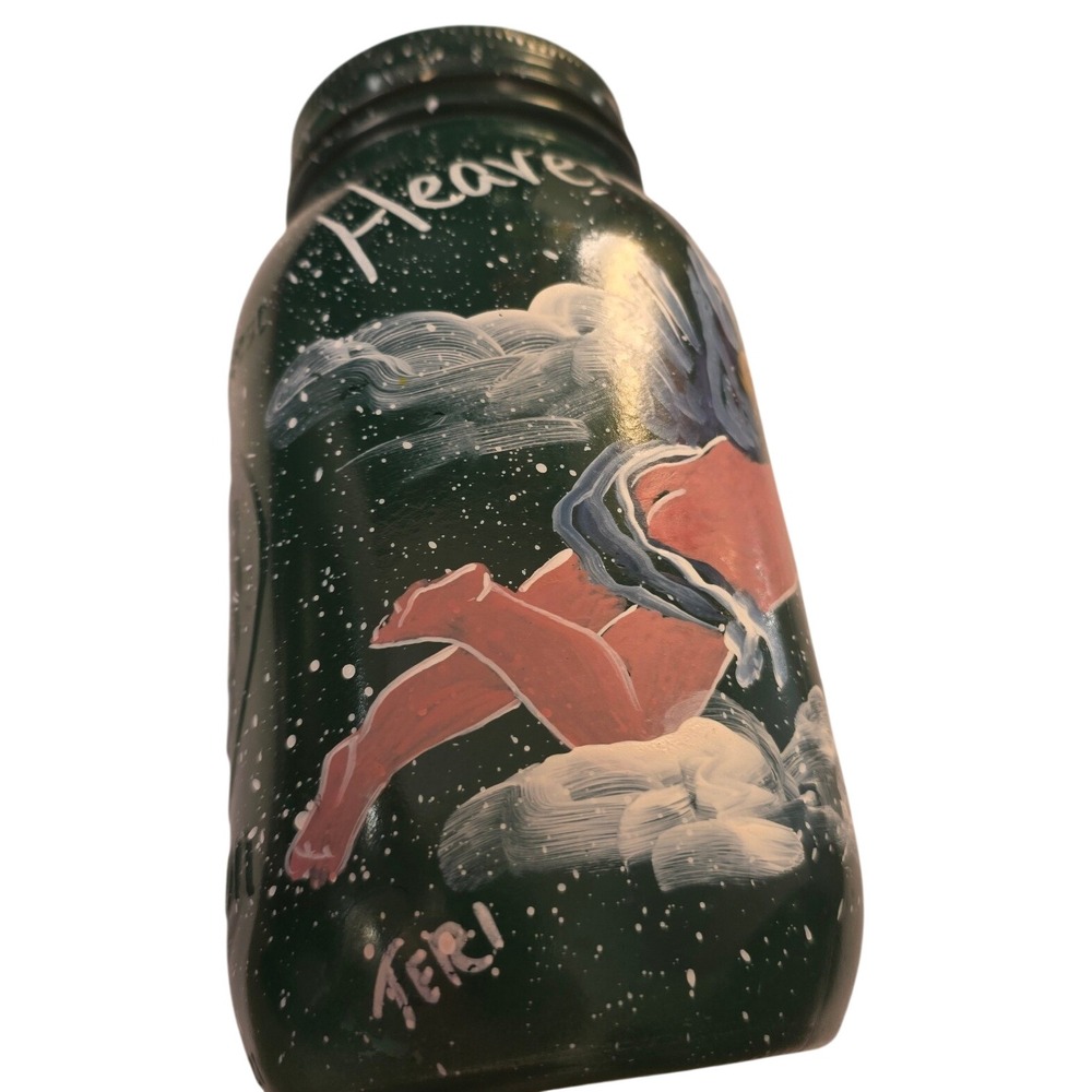 Golden Harvest Hand Painted Angel Mason Jar Coin Bank Heaven Cents Green Teri